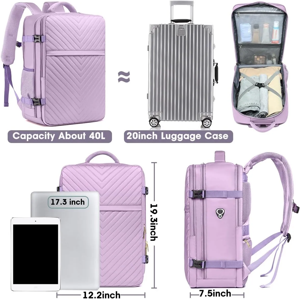 Large Carry On Travel Backpack - Flight Approved Waterproof Luggage Suitcase Backpacks Personal Item Size for Women Fit 17 Inch Laptop College Overnight Bag Anti-Theft Weekender Daypack Light Purple