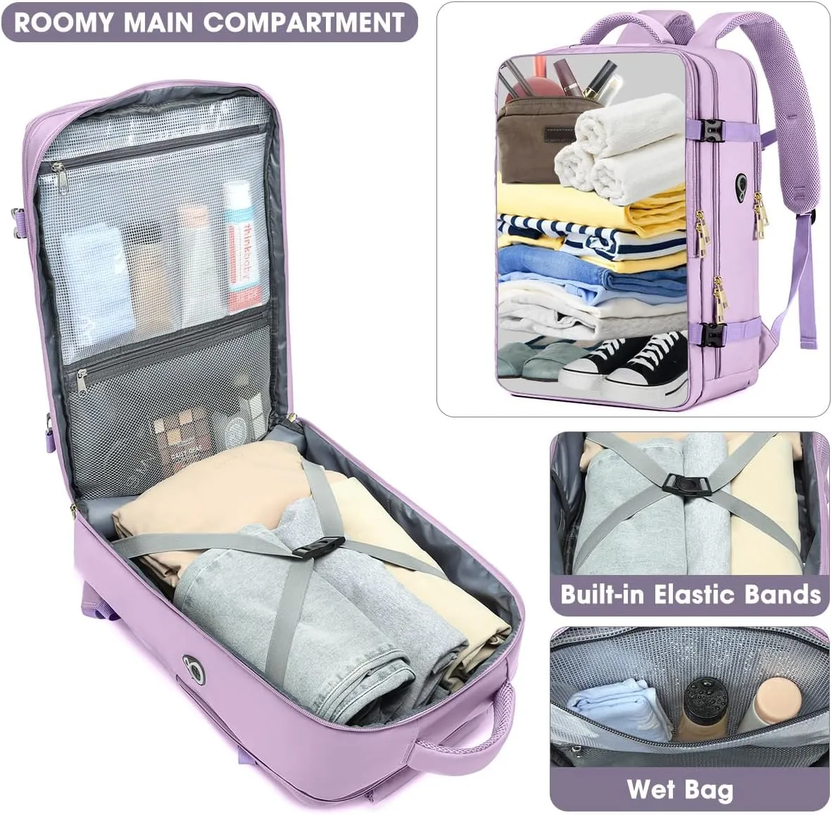 Large Carry On Travel Backpack - Flight Approved Waterproof Luggage Suitcase Backpacks Personal Item Size for Women Fit 17 Inch Laptop College Overnight Bag Anti-Theft Weekender Daypack Light Purple