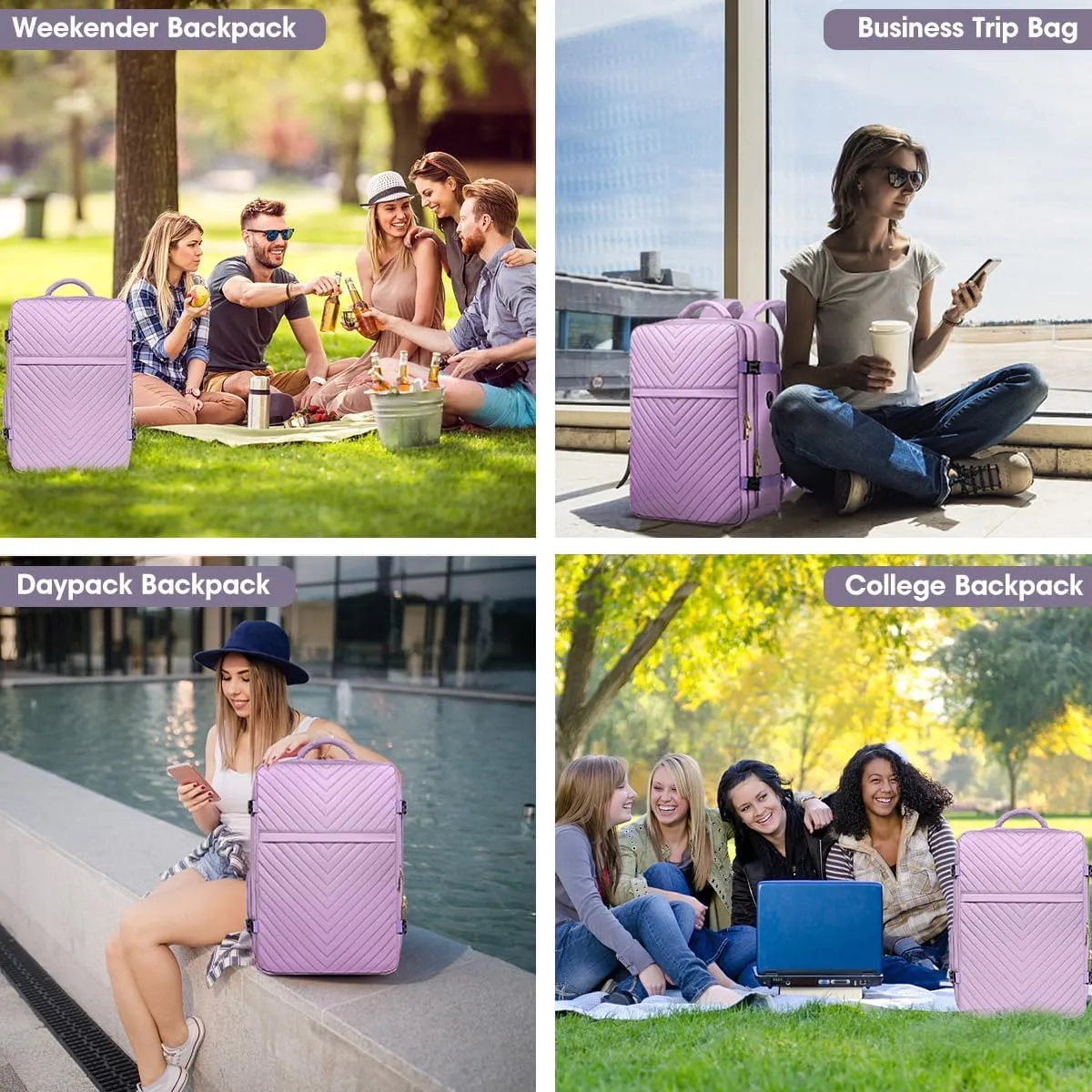 Large Carry On Travel Backpack - Flight Approved Waterproof Luggage Suitcase Backpacks Personal Item Size for Women Fit 17 Inch Laptop College Overnight Bag Anti-Theft Weekender Daypack Light Purple