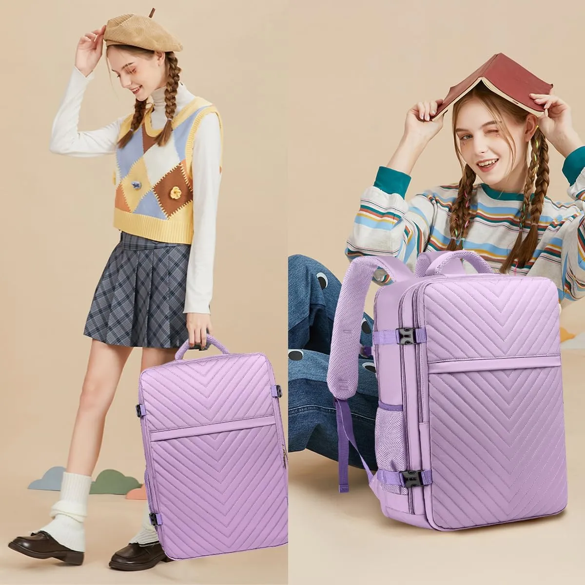 Large Carry On Travel Backpack - Flight Approved Waterproof Luggage Suitcase Backpacks Personal Item Size for Women Fit 17 Inch Laptop College Overnight Bag Anti-Theft Weekender Daypack Light Purple