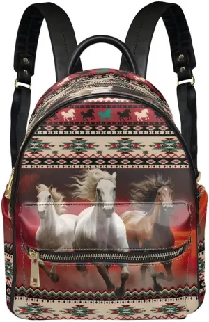 Large Leather Backpack for Outdoor Sports Gym Travel Casual Daypack for Women Vintage Aztec Horse Backpack Shoulder Daypack