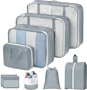 Large Packing Cubes Organizer Bags Set, Packing Cubes for Suitcase Organizer for Luggage with Makeup Bag/Shoes Bag/Laundry Bag 9 Set (Grey)