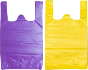 LazyMe T Shirt Bags, Plastic Grocery Bags with Handles in Bulk for Shopping and Restaurant, Bolsas De Plastico Para Negocio, 12 x 20 Inches (Purple 50 Pcs,Yellow 50 Pcs)