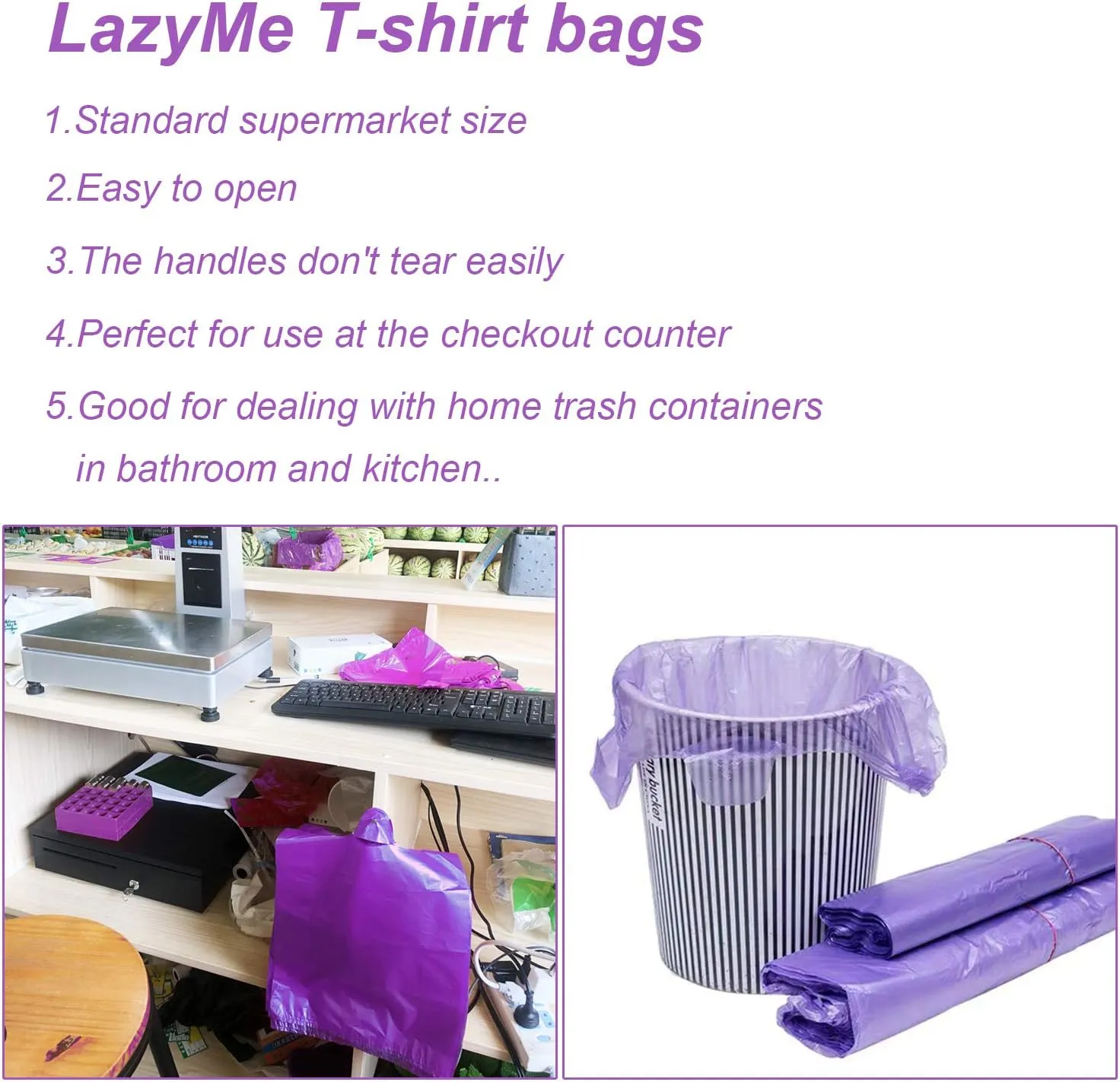 LazyMe T Shirt Bags, Plastic Grocery Bags with Handles in Bulk for Shopping and Restaurant, Bolsas De Plastico Para Negocio, 12 x 20 Inches (Purple 50 Pcs,Yellow 50 Pcs)