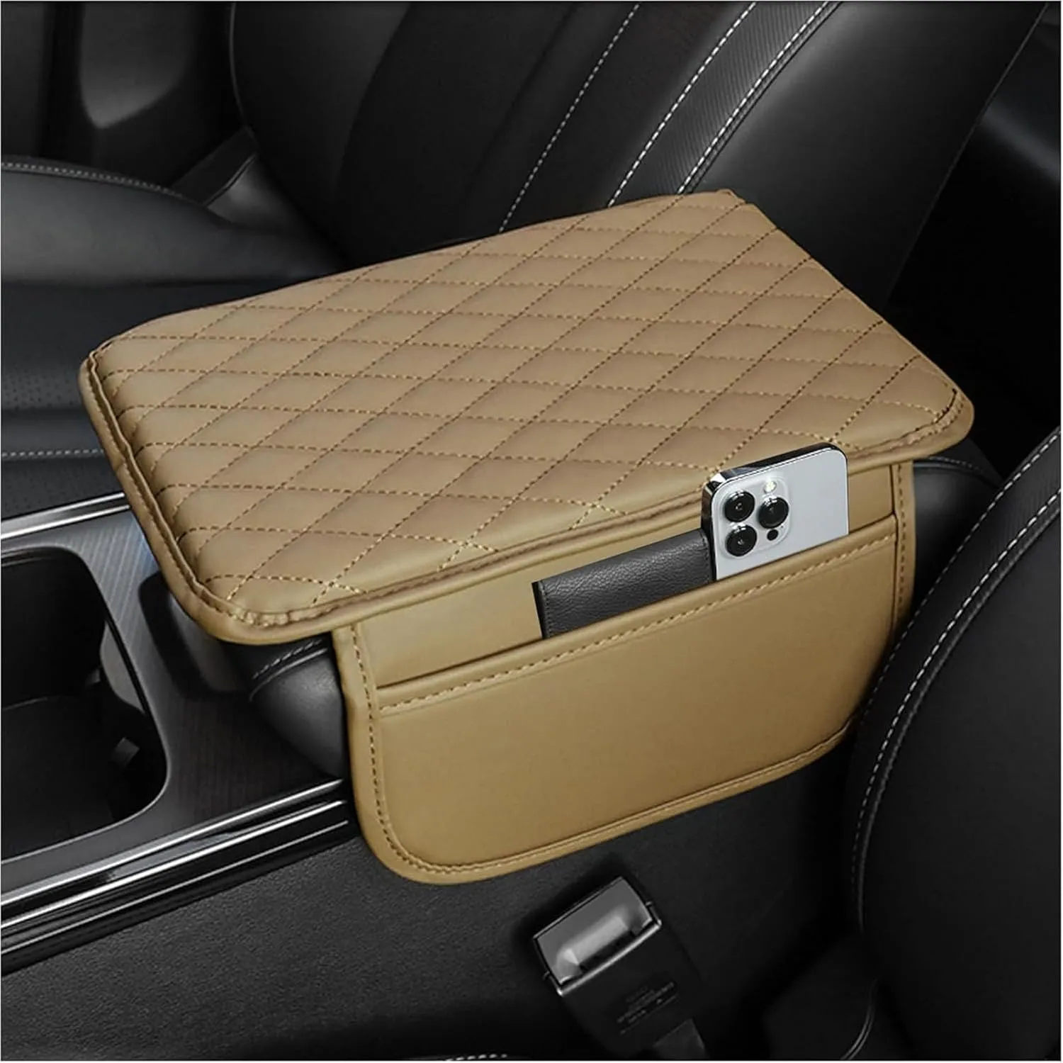 Leather Car Center Console Cover for Mitsubishi ASX (Facelift 2012) 2013-2024, Universal Car Armrest Cover Protector 2 Storage Bags Waterproof Anti Scratch Interior Accessories, Beige