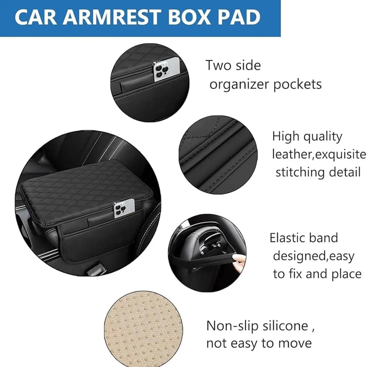 Leather Car Center Console Cover for Mitsubishi ASX (Facelift 2012) 2013-2024, Universal Car Armrest Cover Protector 2 Storage Bags Waterproof Anti Scratch Interior Accessories, Beige