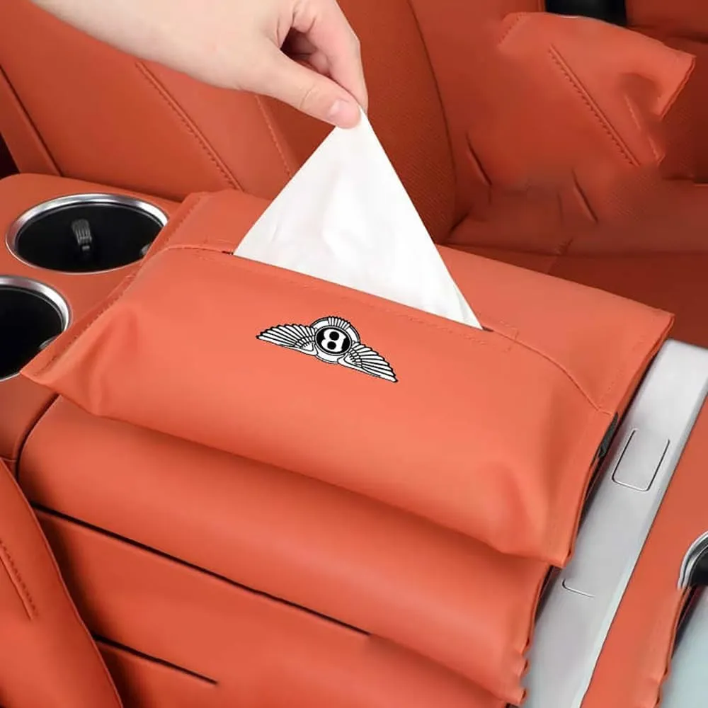 Leather Car Tissue Bag for Bentley Flying Spur 3.Gen V8 / Speed/Hybrid, Premium Hanging Design Tissue Holder with Elastic Straps for Easy Access Luxury Accessories,Orange-2pcs