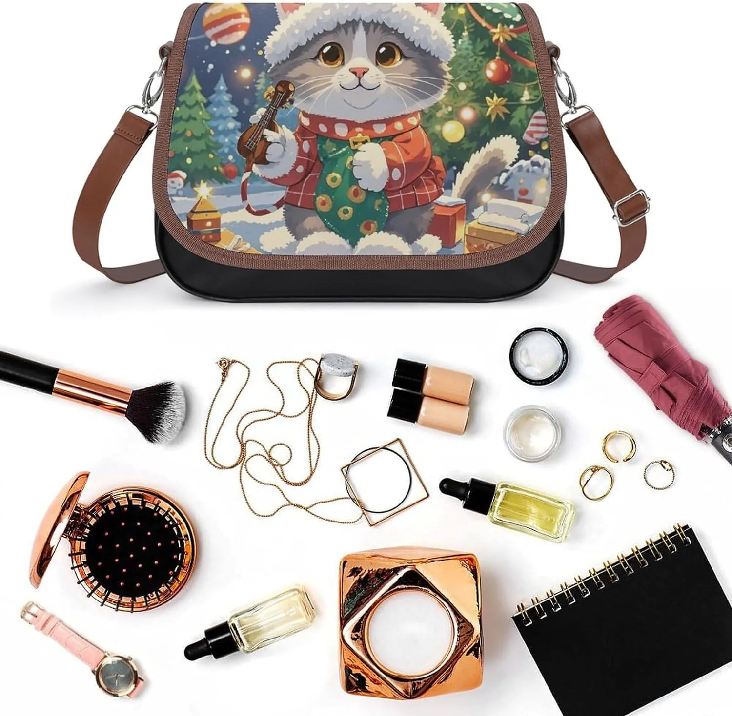 Leather Crossbody Bag for Women Squirrel Eats Nuts Detachable Strap Handbags Travel Purse Shoulder Bags for Daily Use