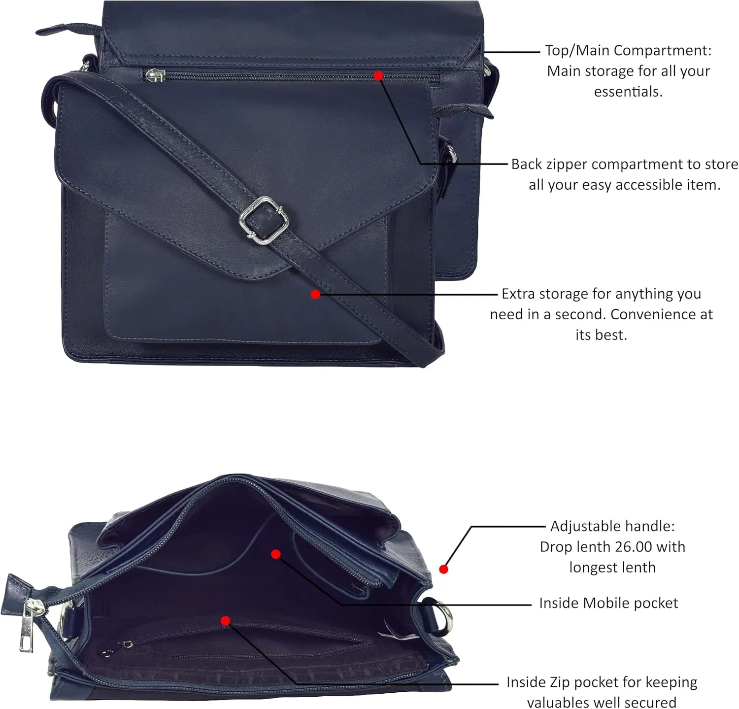 Leather Flapover Crossbody Handbag Purse for Women with Adjustable Strap & Overflap Snap Closure Tote/Bag