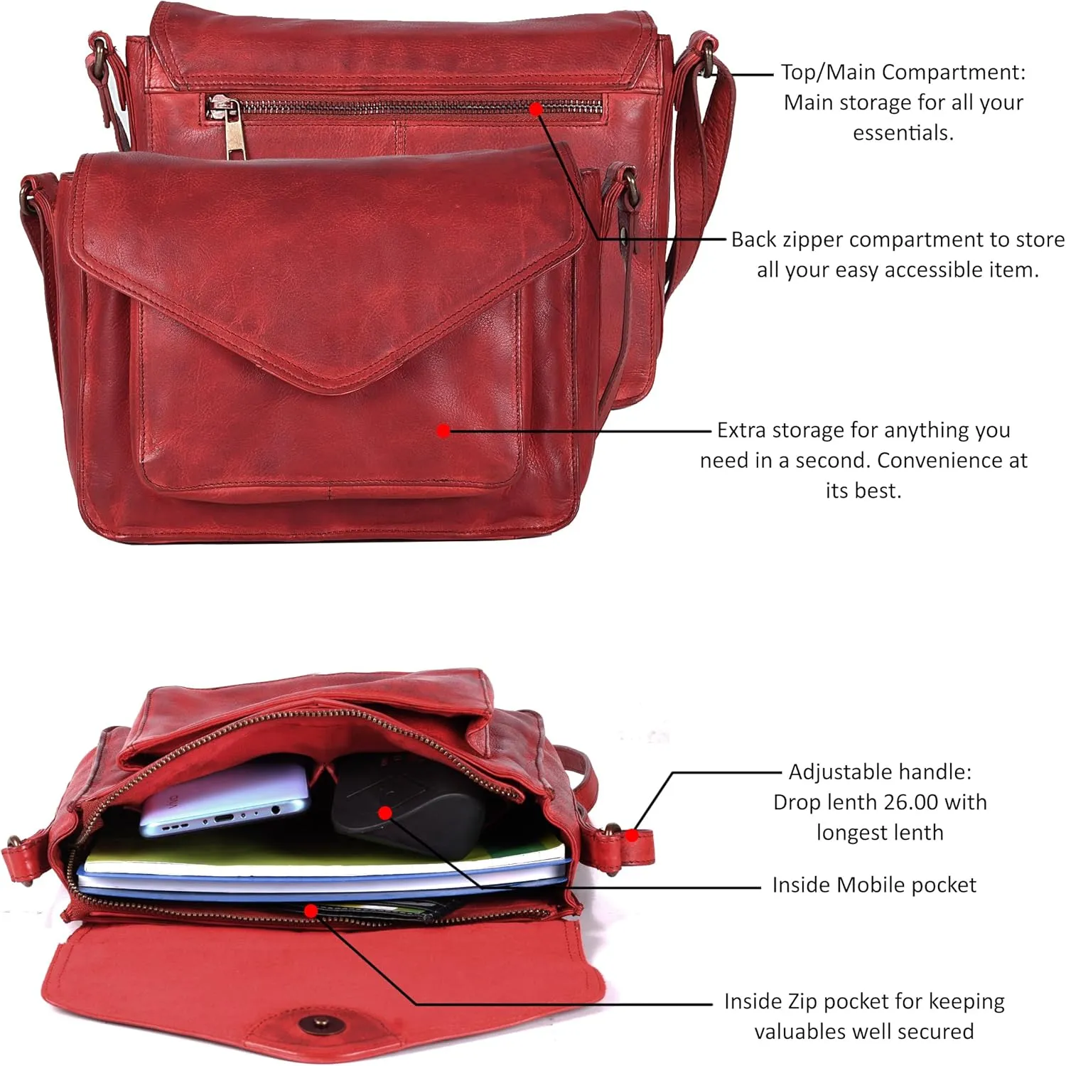 Leather Flapover Crossbody Handbag Purse for Women with Adjustable Strap & Overflap Snap Closure Tote/Bag