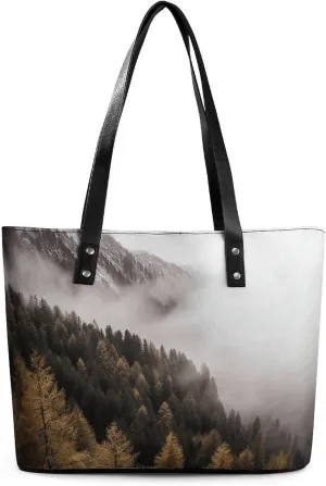 Leather Lady's Handbag, Trees And Mountain by Fog Print Women's Leather Tote Bag Leather Shoulder Bag Leather Handbag Chic Leather Handbags