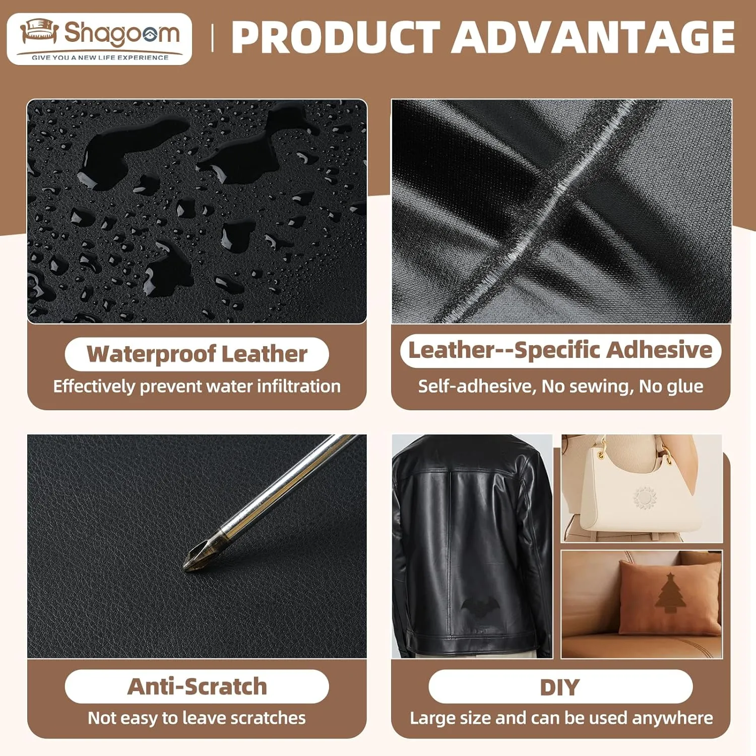Leather Repair Patch, 17X79 Inch Repair Patch Self Adhesive Waterproof, DIY Large Leather Patches for Couches, Furniture, Kitchen Cabinets, Wall （Dark Brown, 17X79 Inch）