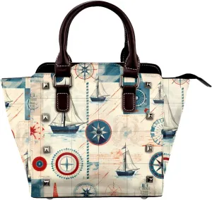 Leather Shoulder Bag for Women, Nautical Marine Sailing Studded Purse Vintage Compass Crossbody Handbags Punk Hobo Bag with Adjustable Strap