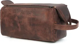 Leather Toiletry Bag for Men, Travel Duffels Essentials Shaving Dopp Kit, Mens Travel Bag Toiletries Organizer Case for Grooming, Made from 100% Real Leather (Dark Brown)