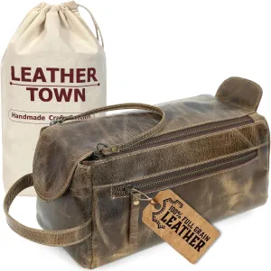 Leather Toiletry Bag for Men, Travel Duffels Essentials Shaving Dopp Kit, Mens Travel Bag Toiletries Organizer Case for Grooming, Made from 100% Real Leather (Vintage Brown)