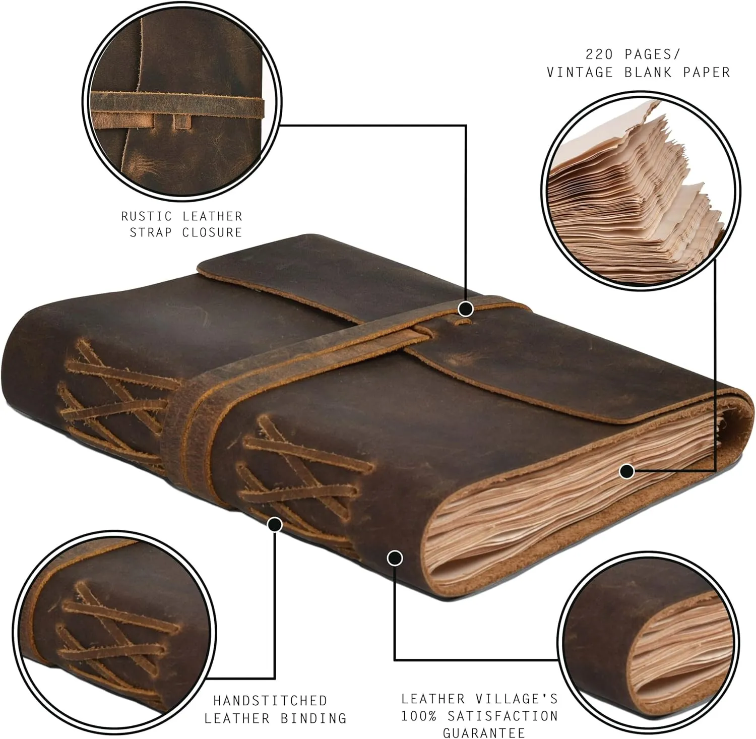 LEATHER VILLAGE Leather Bound Journal - Rustic Brown, 8"X6", 220 Pages - Vintage Blank Paper Diary for Writing, Drawing, Sketchbook, and Travel Notebook - Ideal for Women and Men