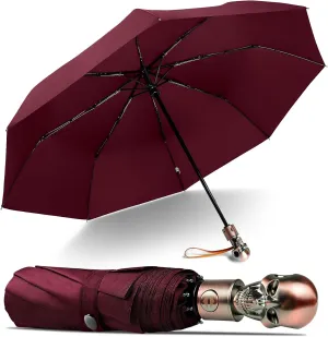 Lejorain Mens Black Skull Umbrella - Automatic Luxury Travel Windproof Umbrella Compact - Portable Strong Lightweight Rain Umbrella for Adults