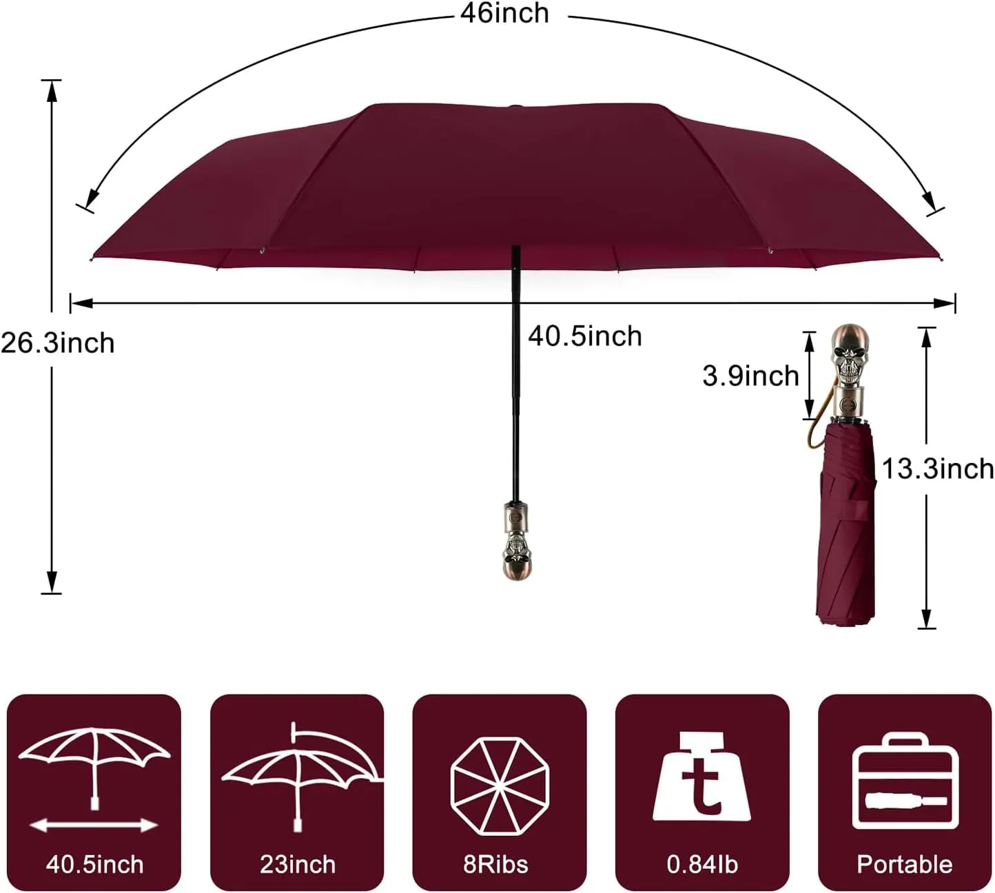 Lejorain Mens Black Skull Umbrella - Automatic Luxury Travel Windproof Umbrella Compact - Portable Strong Lightweight Rain Umbrella for Adults