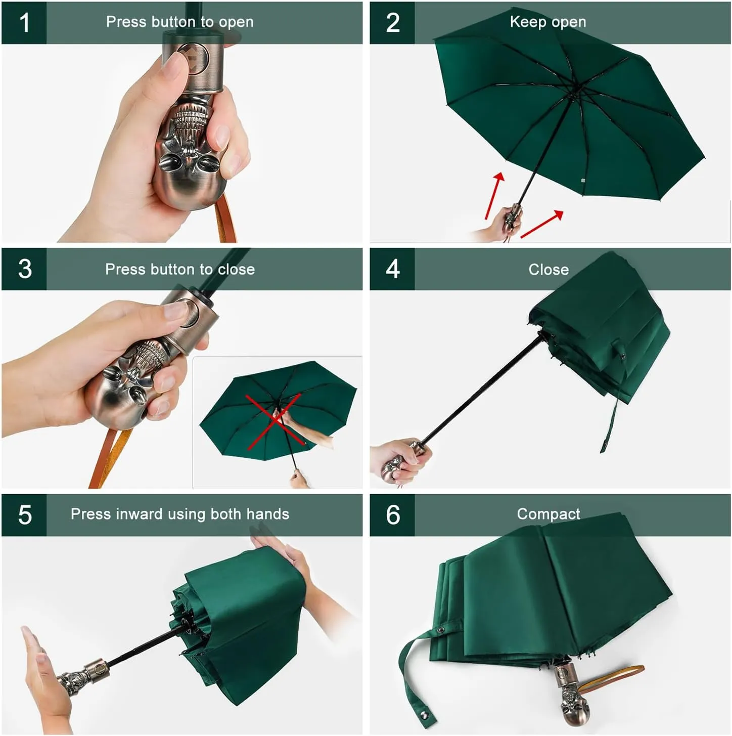 Lejorain Mens Black Skull Umbrella - Automatic Luxury Travel Windproof Umbrella Compact - Portable Strong Lightweight Rain Umbrella for Adults