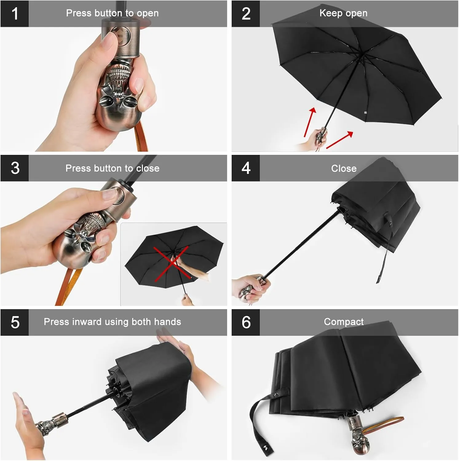 Lejorain Mens Black Skull Umbrella - Automatic Luxury Travel Windproof Umbrella Compact - Portable Strong Lightweight Rain Umbrella for Adults