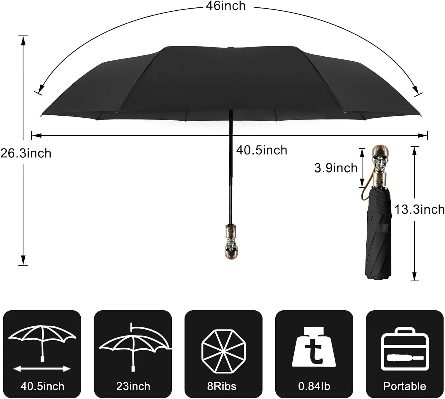 Lejorain Mens Black Skull Umbrella - Automatic Luxury Travel Windproof Umbrella Compact - Portable Strong Lightweight Rain Umbrella for Adults