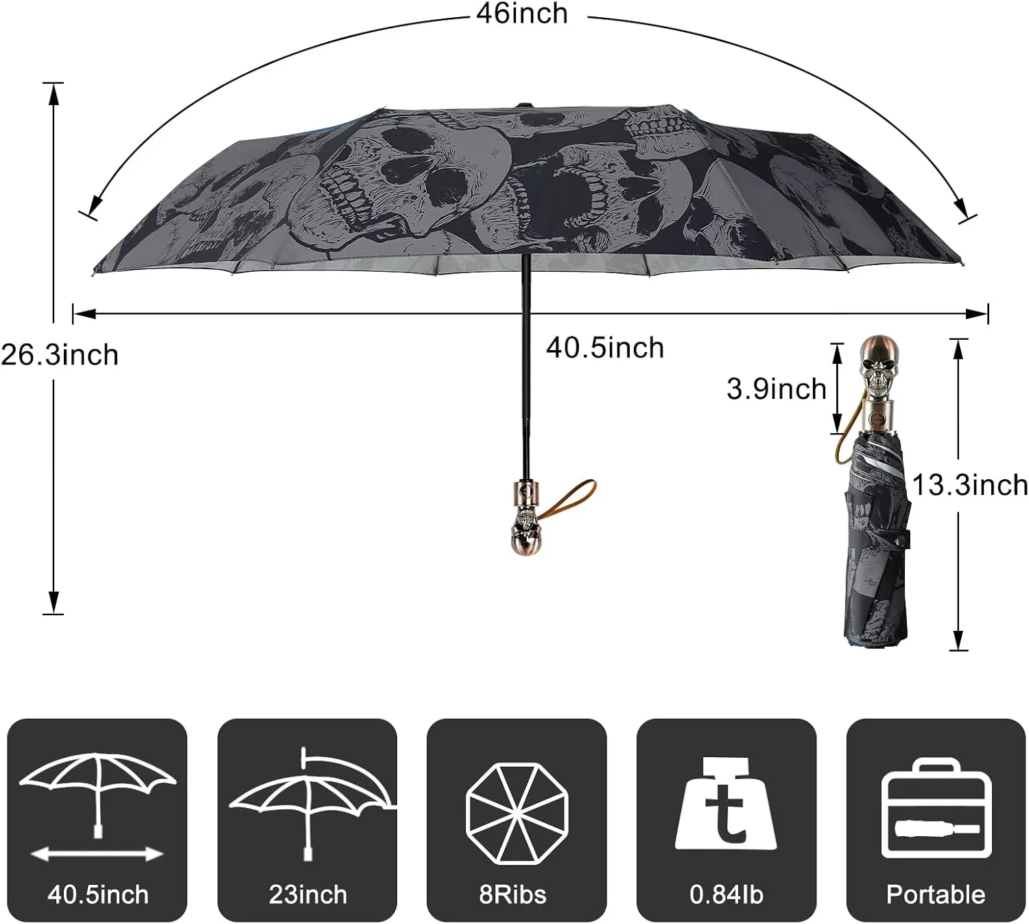 Lejorain Mens Black Skull Umbrella - Automatic Luxury Travel Windproof Umbrella Compact - Portable Strong Lightweight Rain Umbrella for Adults