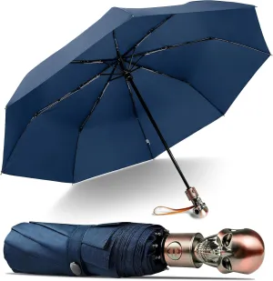 Lejorain Mens Black Skull Umbrella - Automatic Luxury Travel Windproof Umbrella Compact - Portable Strong Lightweight Rain Umbrella for Adults