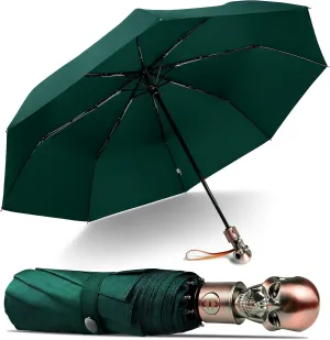 Lejorain Mens Black Skull Umbrella - Automatic Luxury Travel Windproof Umbrella Compact - Portable Strong Lightweight Rain Umbrella for Adults