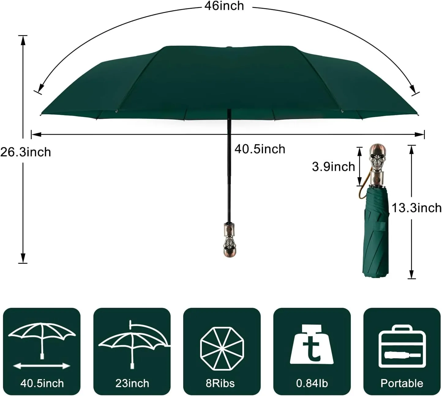 Lejorain Mens Black Skull Umbrella - Automatic Luxury Travel Windproof Umbrella Compact - Portable Strong Lightweight Rain Umbrella for Adults