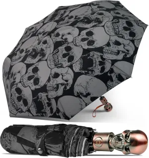 Lejorain Mens Black Skull Umbrella - Automatic Luxury Travel Windproof Umbrella Compact - Portable Strong Lightweight Rain Umbrella for Adults