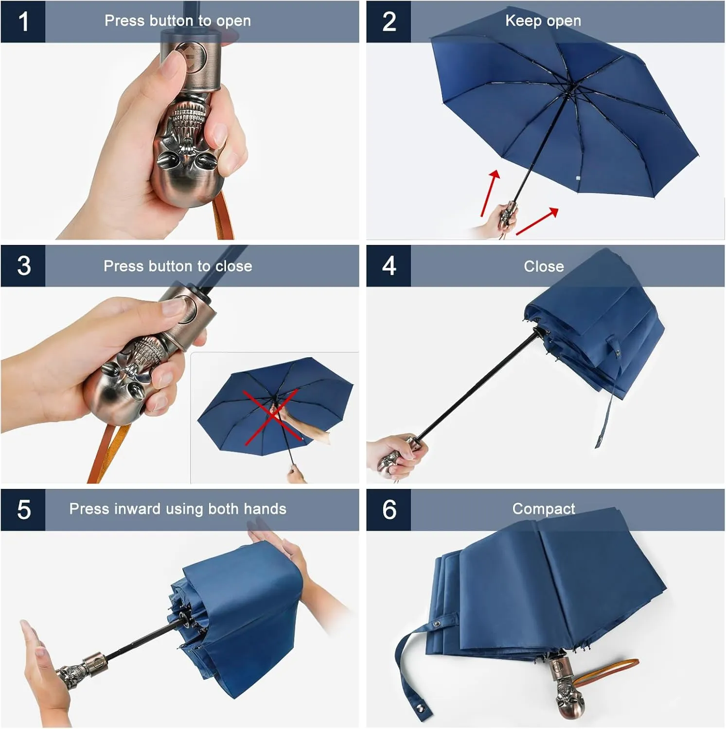 Lejorain Mens Black Skull Umbrella - Automatic Luxury Travel Windproof Umbrella Compact - Portable Strong Lightweight Rain Umbrella for Adults