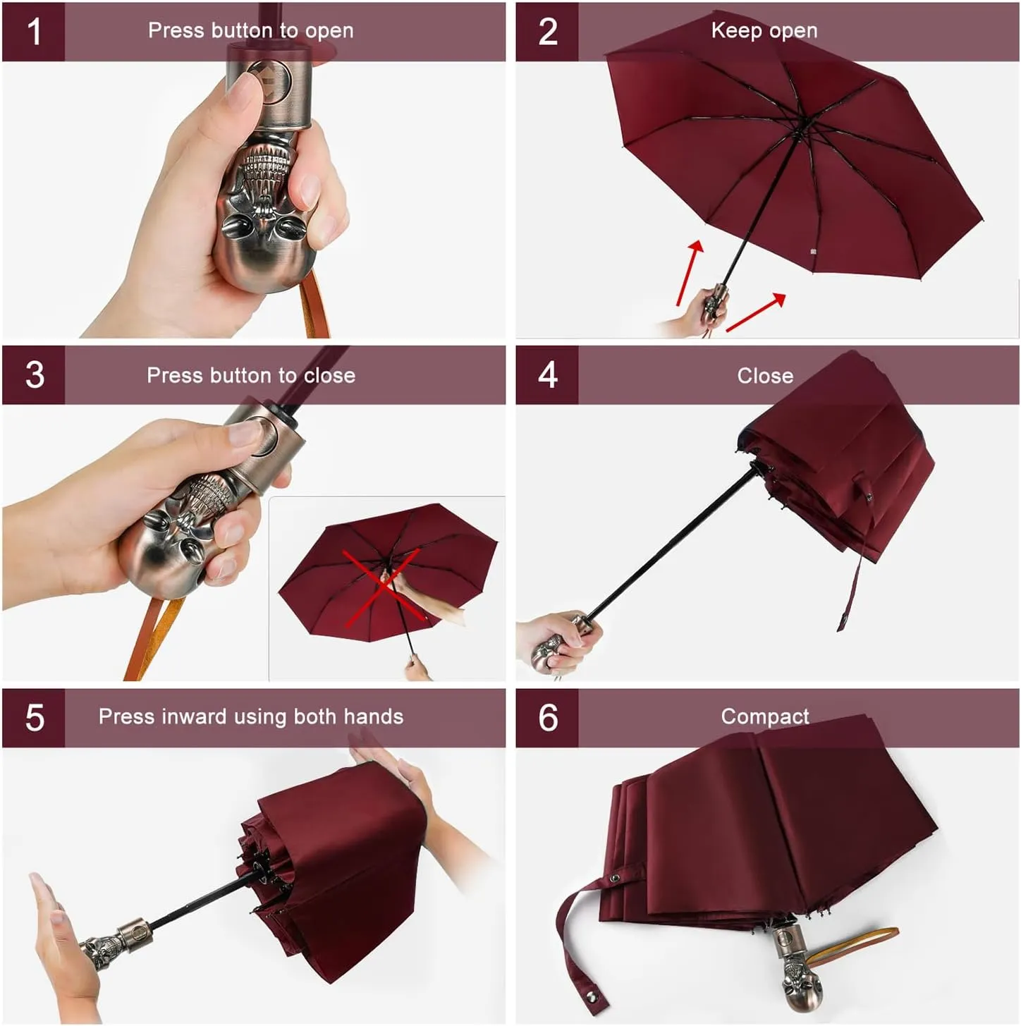 Lejorain Mens Black Skull Umbrella - Automatic Luxury Travel Windproof Umbrella Compact - Portable Strong Lightweight Rain Umbrella for Adults