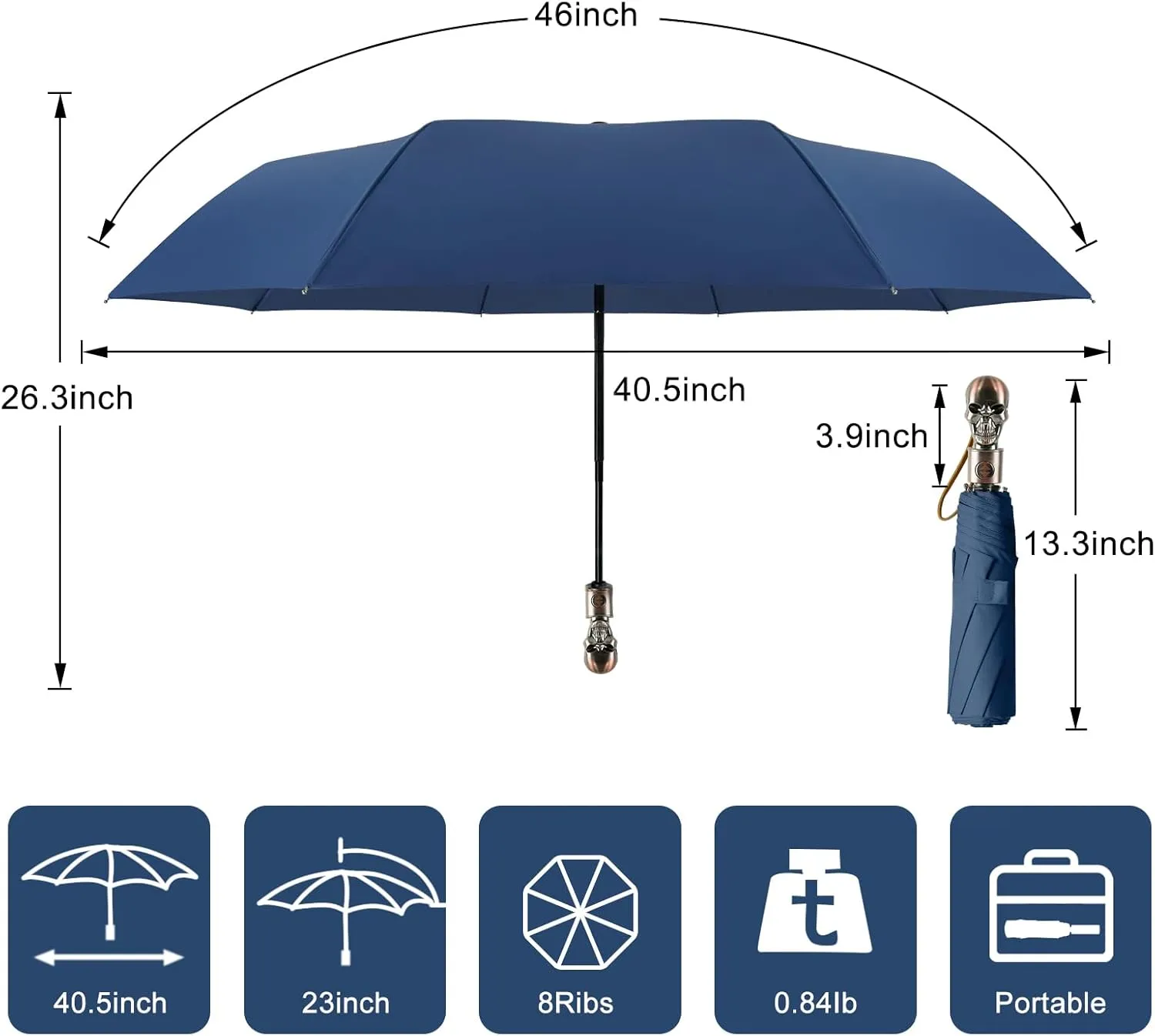 Lejorain Mens Black Skull Umbrella - Automatic Luxury Travel Windproof Umbrella Compact - Portable Strong Lightweight Rain Umbrella for Adults