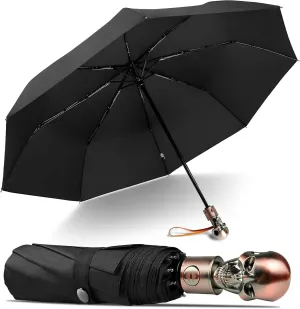 Lejorain Mens Black Skull Umbrella - Automatic Luxury Travel Windproof Umbrella Compact - Portable Strong Lightweight Rain Umbrella for Adults