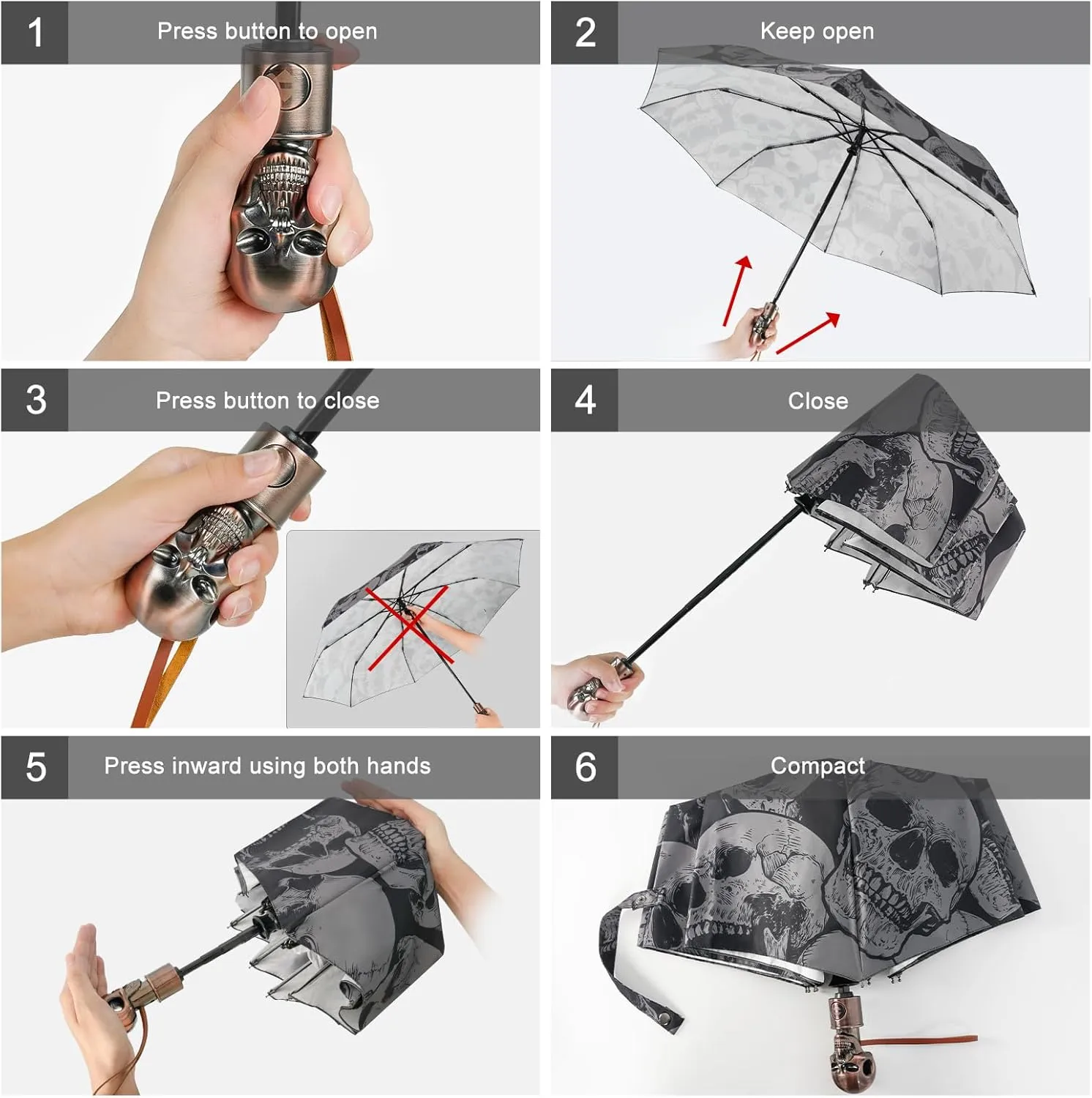 Lejorain Mens Black Skull Umbrella - Automatic Luxury Travel Windproof Umbrella Compact - Portable Strong Lightweight Rain Umbrella for Adults