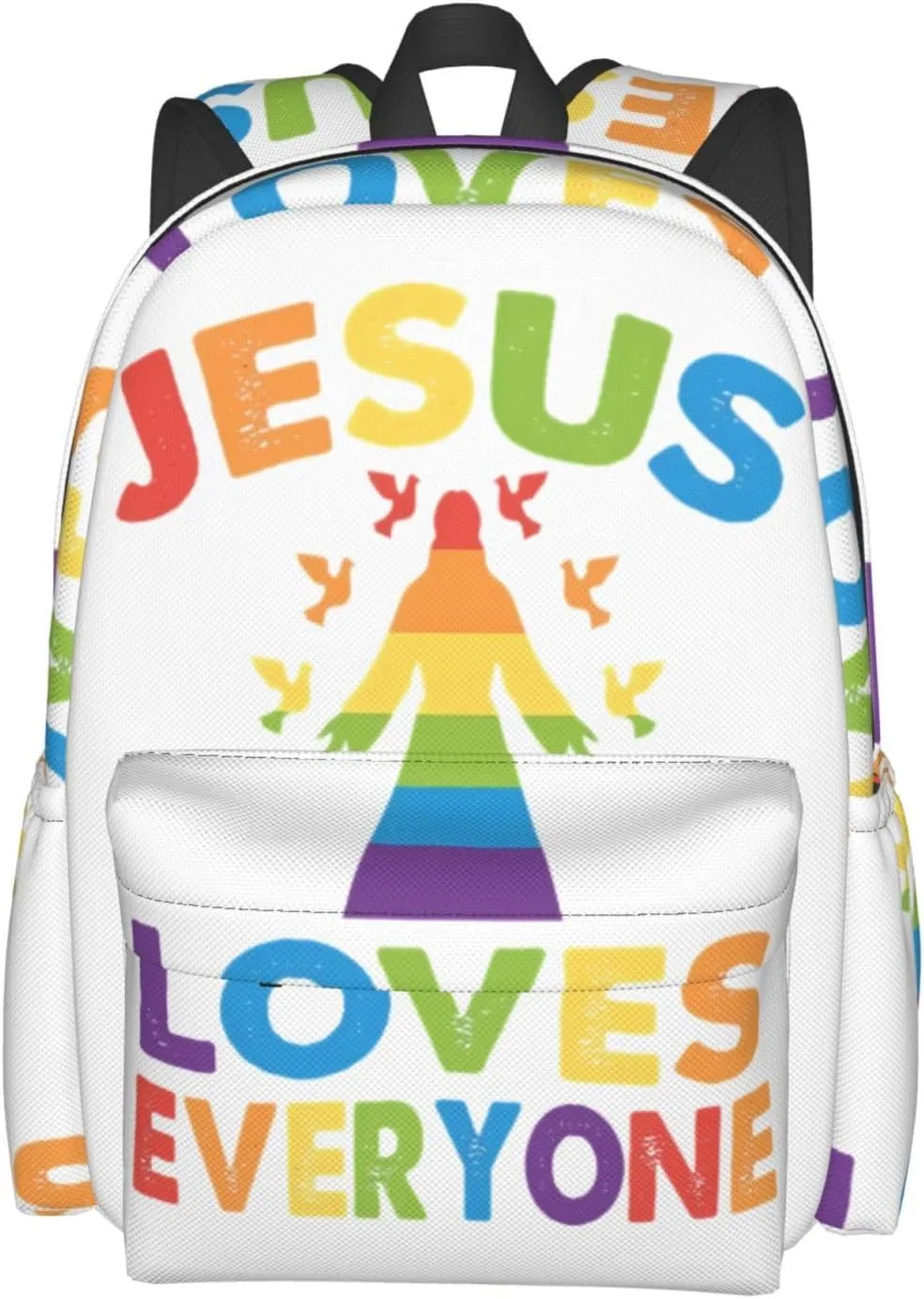 LGBT Rainbow Gay Pride Jesus Loves Everyone 17 Inch Casual Backpack Laptop Backpacks Travel Back Pack Large Camping Rucksack Hiking Daypack Lightweight Double Shoulder Bag