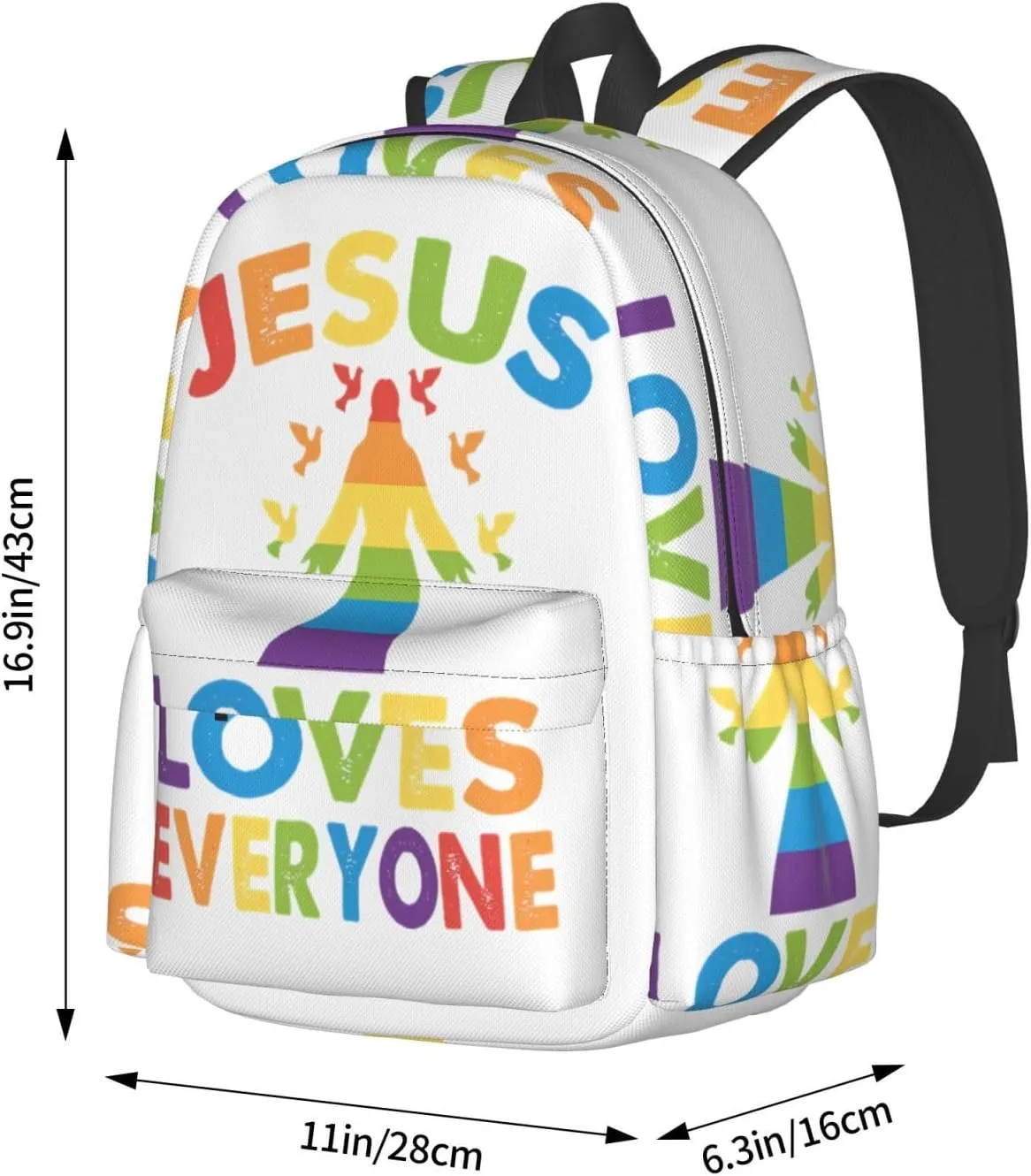 LGBT Rainbow Gay Pride Jesus Loves Everyone 17 Inch Casual Backpack Laptop Backpacks Travel Back Pack Large Camping Rucksack Hiking Daypack Lightweight Double Shoulder Bag