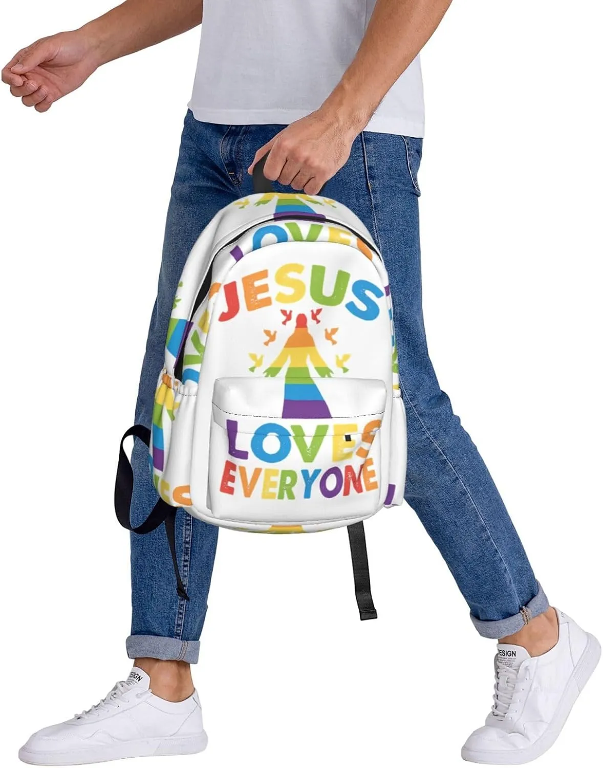 LGBT Rainbow Gay Pride Jesus Loves Everyone 17 Inch Casual Backpack Laptop Backpacks Travel Back Pack Large Camping Rucksack Hiking Daypack Lightweight Double Shoulder Bag