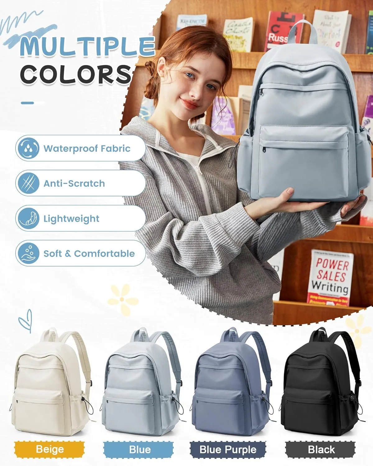 Light Blue Backpack for School Women Girls, Waterproof Bookbag Cute High School Backpacks for Men Teen Boys, Lightweight Travel College Backpack Mochilas Escolares para Casual Daypack Rucksack