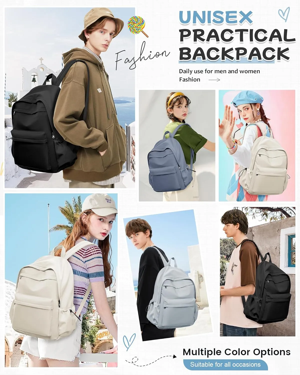 Light Blue Backpack for School Women Girls, Waterproof Bookbag Cute High School Backpacks for Men Teen Boys, Lightweight Travel College Backpack Mochilas Escolares para Casual Daypack Rucksack