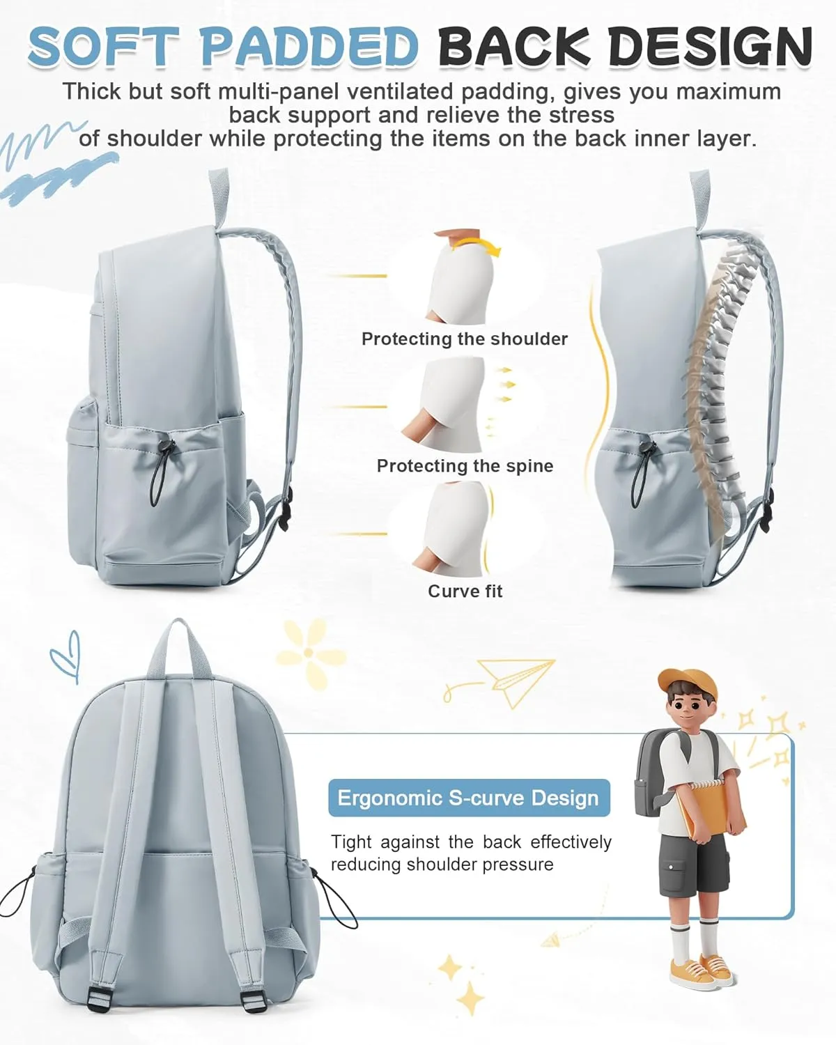 Light Blue Backpack for School Women Girls, Waterproof Bookbag Cute High School Backpacks for Men Teen Boys, Lightweight Travel College Backpack Mochilas Escolares para Casual Daypack Rucksack