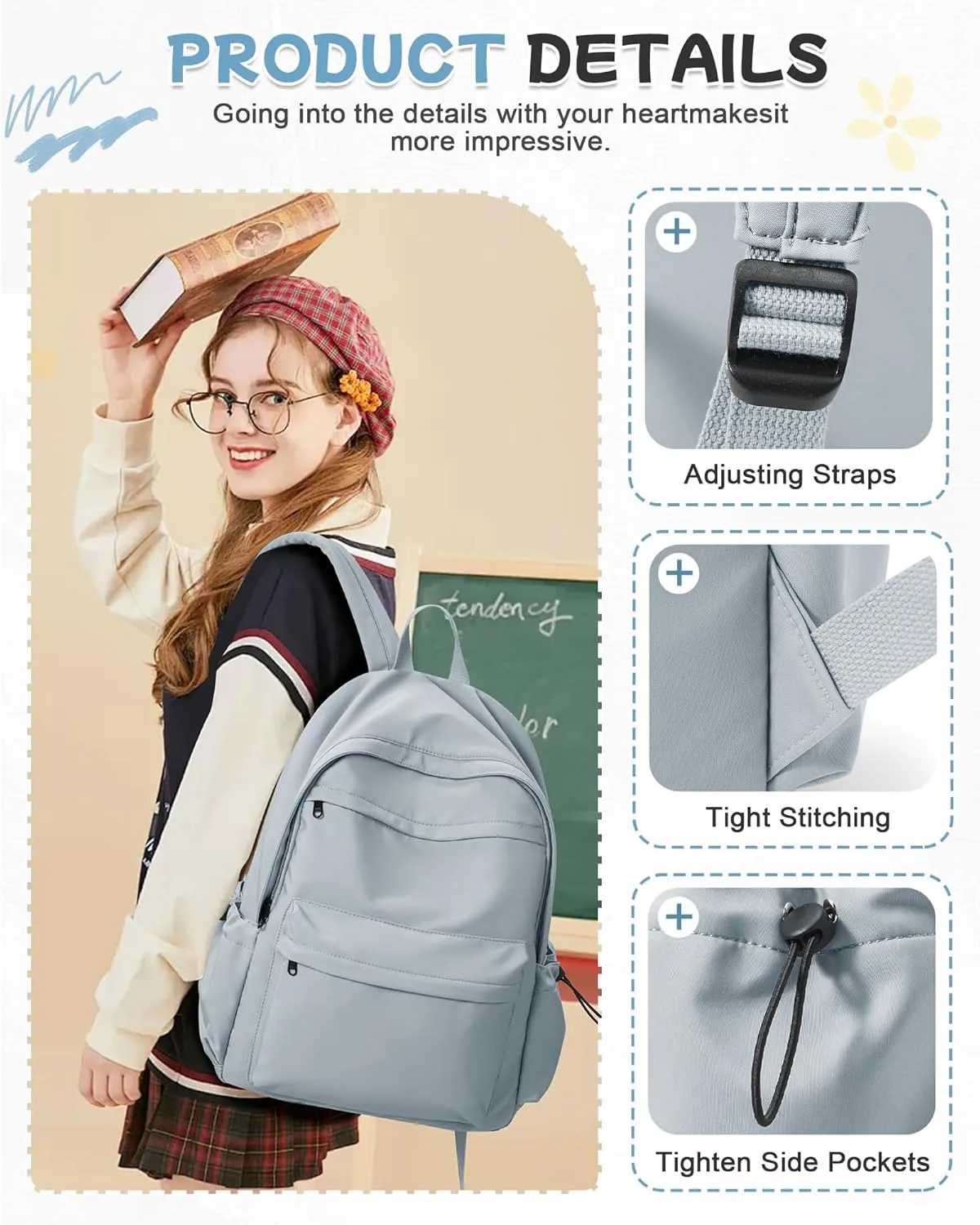 Light Blue Backpack for School Women Girls, Waterproof Bookbag Cute High School Backpacks for Men Teen Boys, Lightweight Travel College Backpack Mochilas Escolares para Casual Daypack Rucksack