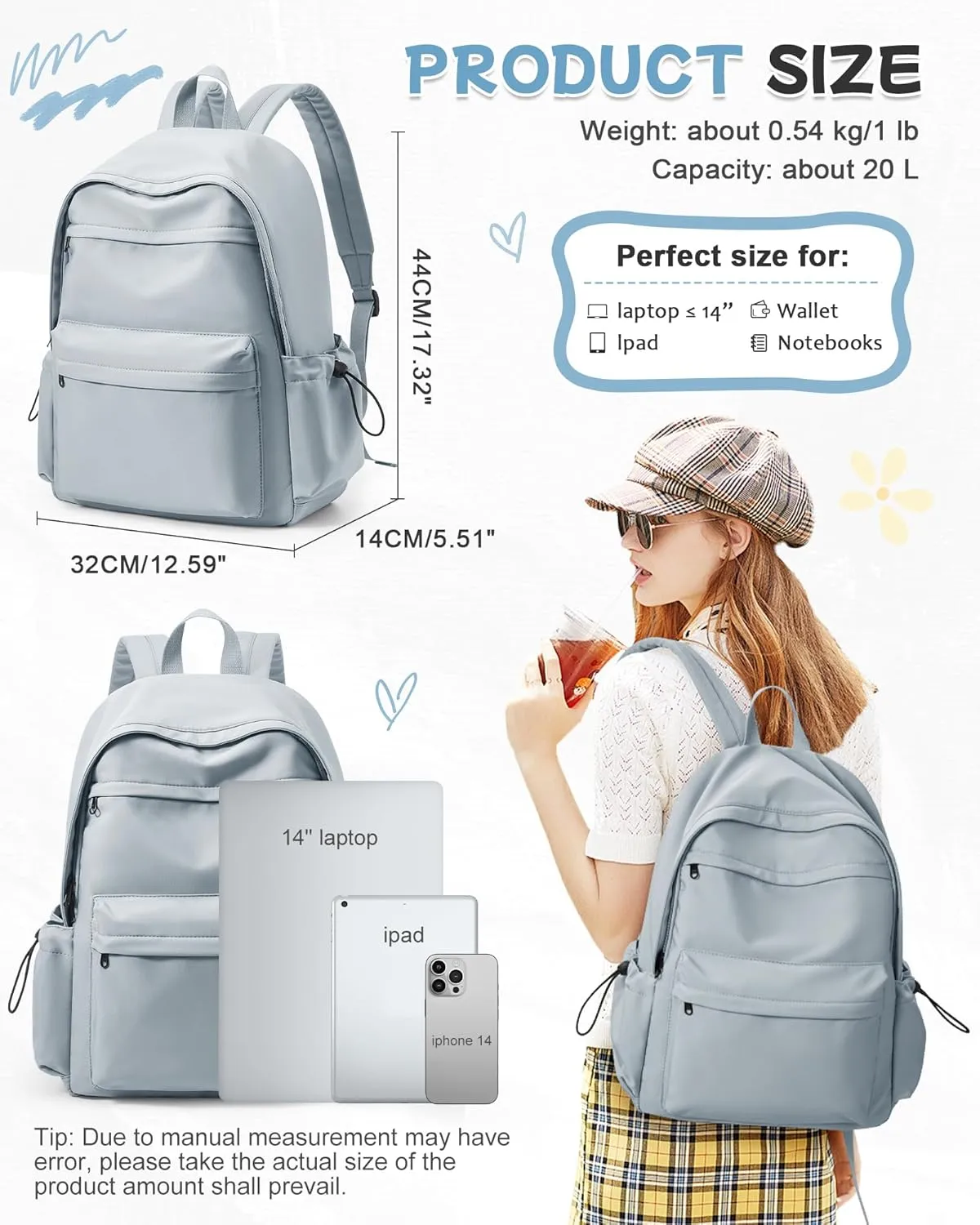 Light Blue Backpack for School Women Girls, Waterproof Bookbag Cute High School Backpacks for Men Teen Boys, Lightweight Travel College Backpack Mochilas Escolares para Casual Daypack Rucksack
