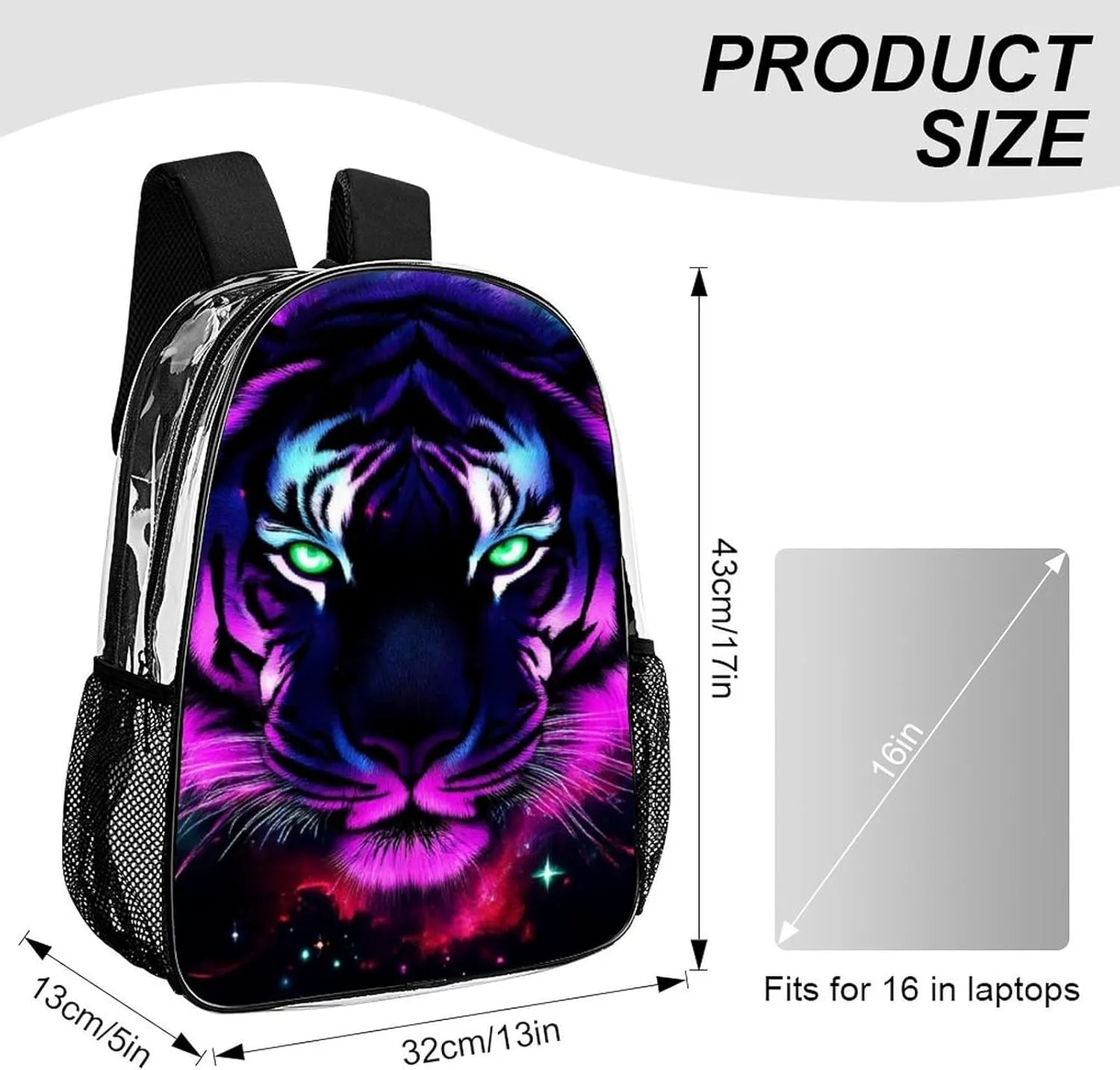 Lightweight Daypack Backpack for Trekking Work Running - Big Capacity Multipurpose Transparent Bookbag, Fantasy Purple Galaxy Sky Tiger Art Business Computer Bag