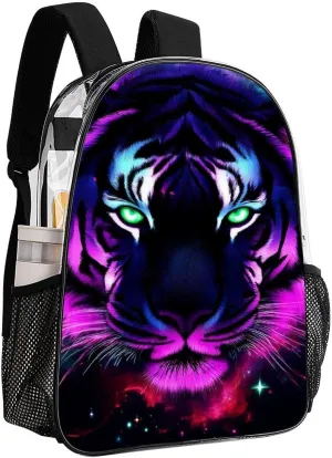 Lightweight Daypack Backpack for Trekking Work Running - Big Capacity Multipurpose Transparent Bookbag, Fantasy Purple Galaxy Sky Tiger Art Business Computer Bag