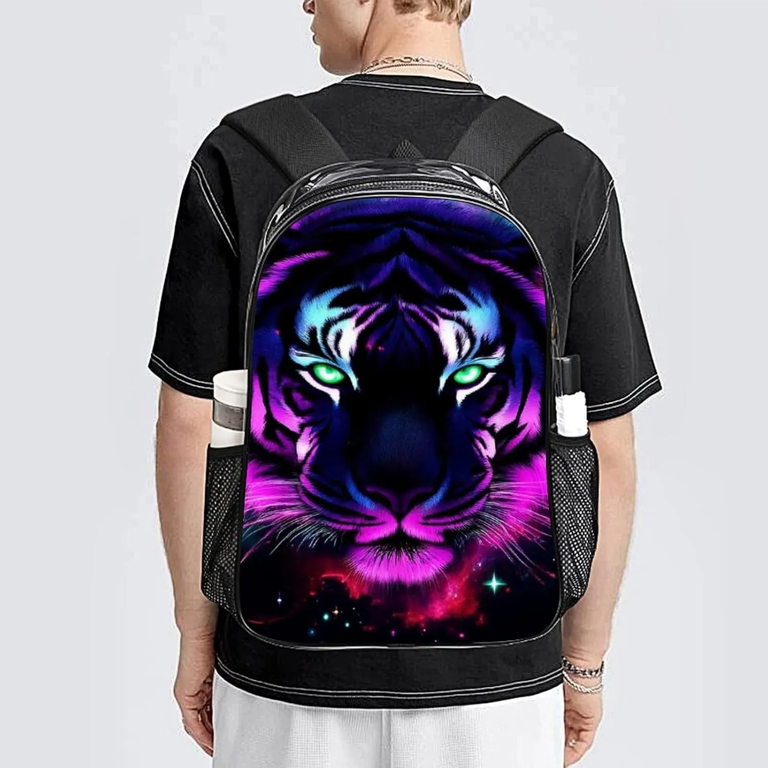 Lightweight Daypack Backpack for Trekking Work Running - Big Capacity Multipurpose Transparent Bookbag, Fantasy Purple Galaxy Sky Tiger Art Business Computer Bag