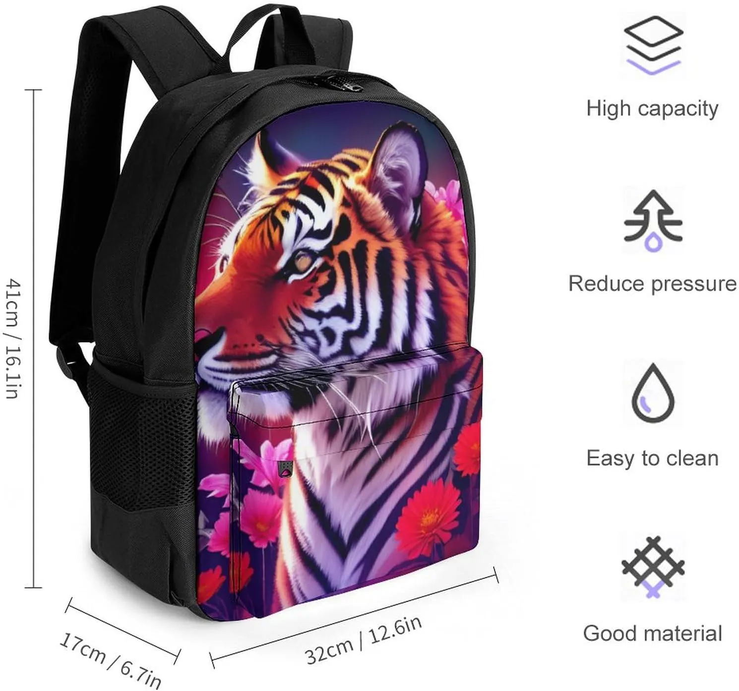 Lightweight Daypack Bookbag for Trekking Business Walking Cycling - Big Capacity Anti-Theft Multipurpose Carry On Bag, Beautiful Flower Wild Animal Tiger Abstract Art Business Computer Bag