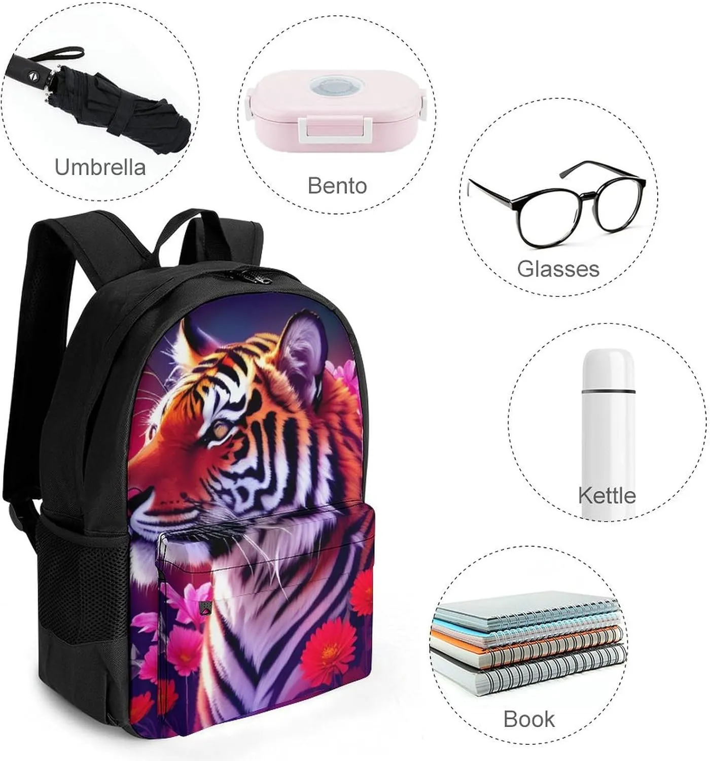 Lightweight Daypack Bookbag for Trekking Business Walking Cycling - Big Capacity Anti-Theft Multipurpose Carry On Bag, Beautiful Flower Wild Animal Tiger Abstract Art Business Computer Bag