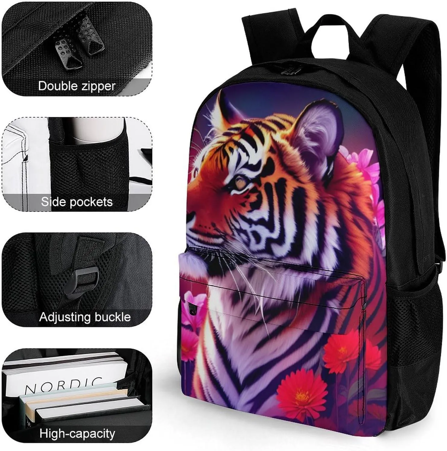 Lightweight Daypack Bookbag for Trekking Business Walking Cycling - Big Capacity Anti-Theft Multipurpose Carry On Bag, Beautiful Flower Wild Animal Tiger Abstract Art Business Computer Bag