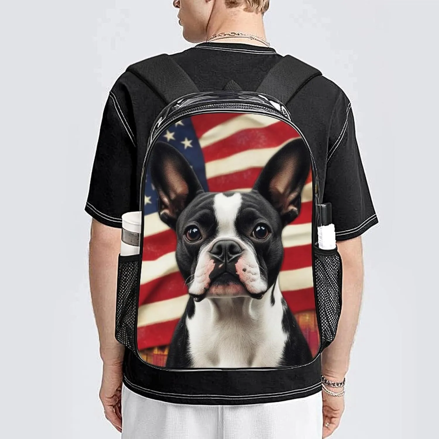 Lightweight Daypack Bookbag for Trekking Business Walking Cycling - Big Capacity Transparent Multipurpose Carry On Bag, American Us Flag Boston Terrier Business Computer Bag
